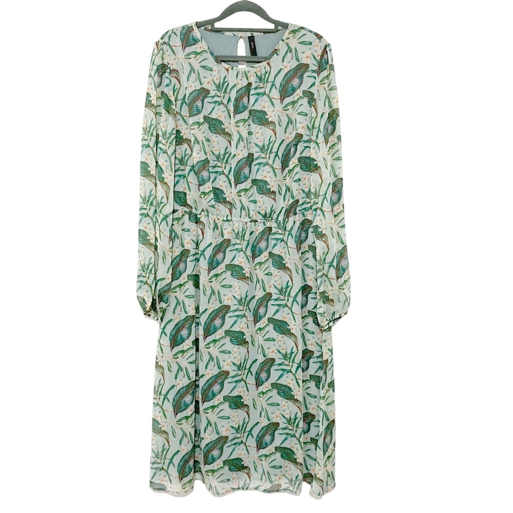 ASOS YAS Green Leaf Print Pleated Midi Dress Size L